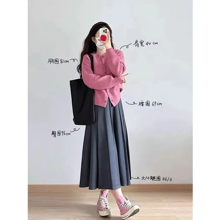 灰色中长款西装半身裙女春秋大码胖mm高腰宽松遮胯显瘦a字百褶裙