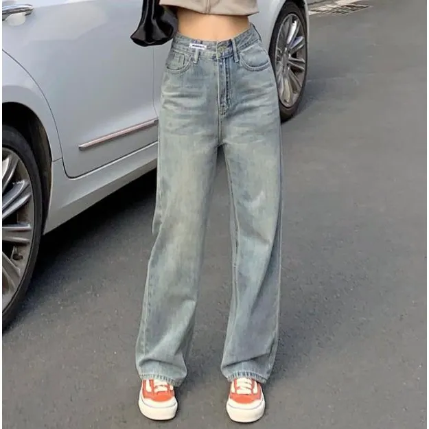 复古蓝高腰直筒牛仔裤女秋冬新款梨形身材宽松显瘦垂感阔腿拖地裤