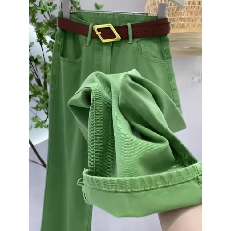 绿色牛仔裤2025年新款女春季大码梨形身材直筒显瘦高腰窄版阔腿裤