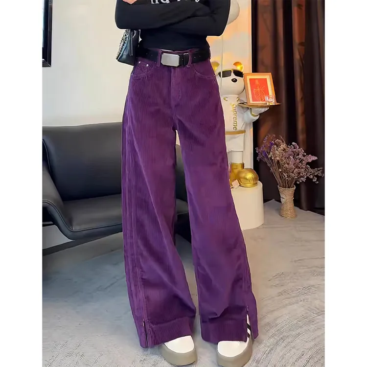 韩系多巴胺紫色灯芯绒阔腿裤女2025春秋新款百搭直筒宽松休闲长裤