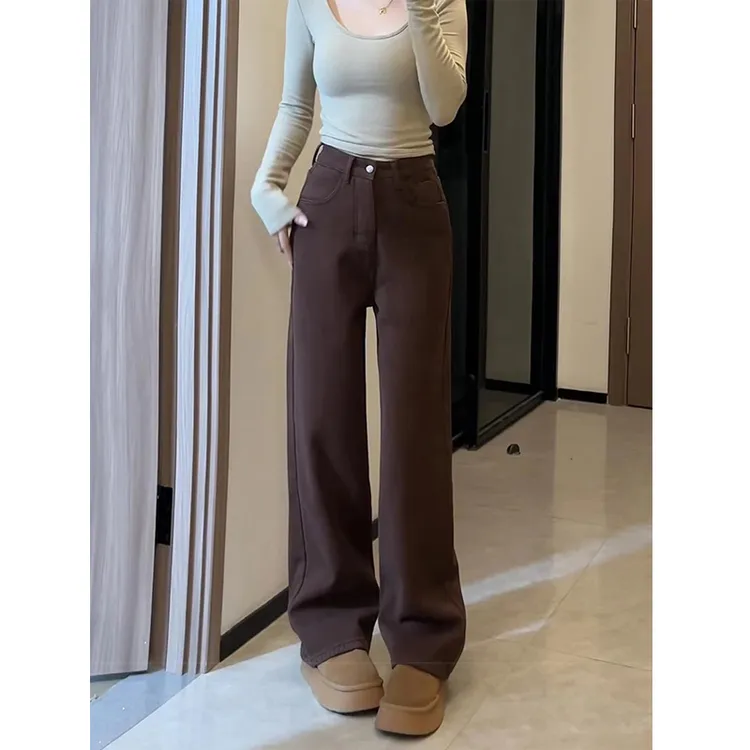 窄版咖啡色直筒牛仔裤女秋冬新款大码胖mm高腰宽松显瘦阔腿长裤子