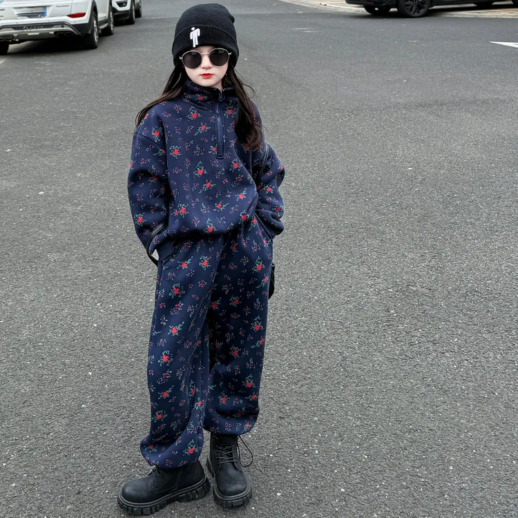 女童冬季加绒卫衣套装2025秋冬新款休闲长裤两件套一体绒保暖冬装