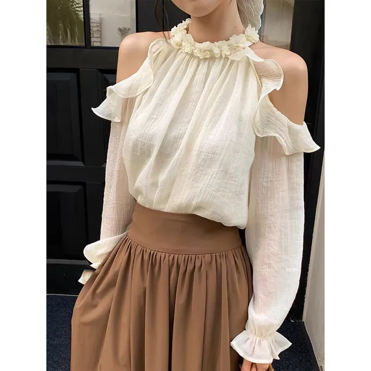 法式温柔风荷叶边长袖露肩衬衫女早秋新款高级感雪纺挂脖雪纺上衣