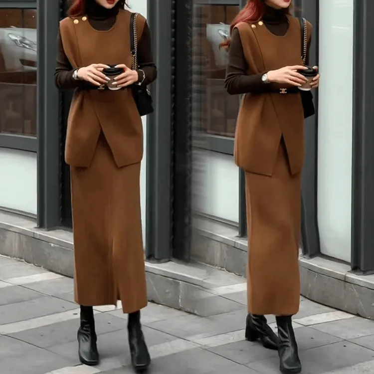 2024秋冬新款气质纽扣开叉腰带时尚法式高级感软糯马甲三件套6358