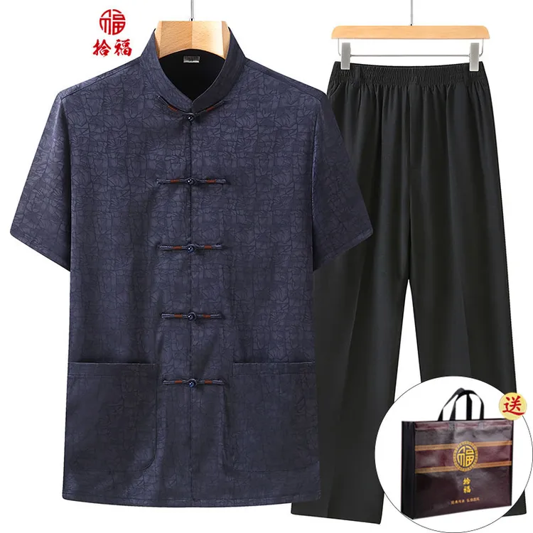 中老年唐装男士夏季短袖套装中国风休闲薄款立领宽松上衣爸爸爷爷