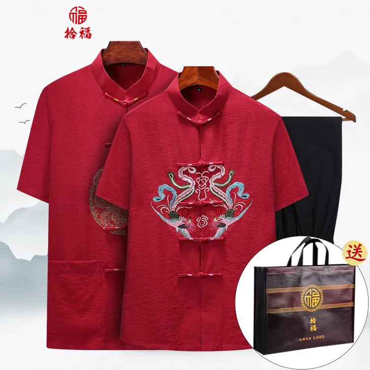 唐装中老年男夏季短袖棉麻套装复古中式情侣装中国风衣服休闲薄款