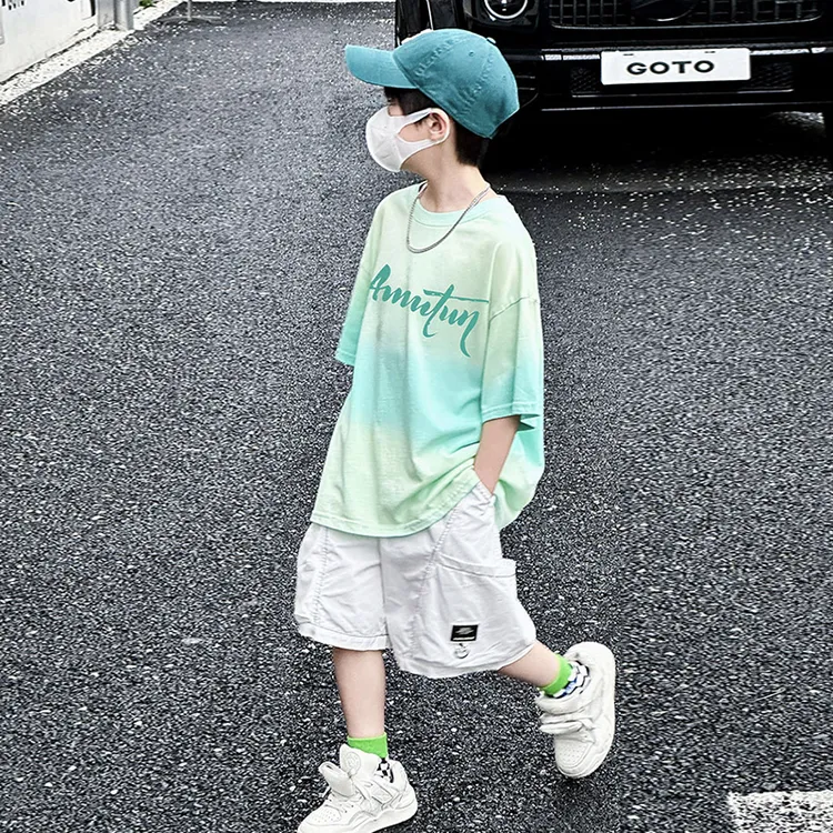 男童夏装短袖t恤2025新款潮儿童夏季扎染渐变短袖男孩痞帅童装
