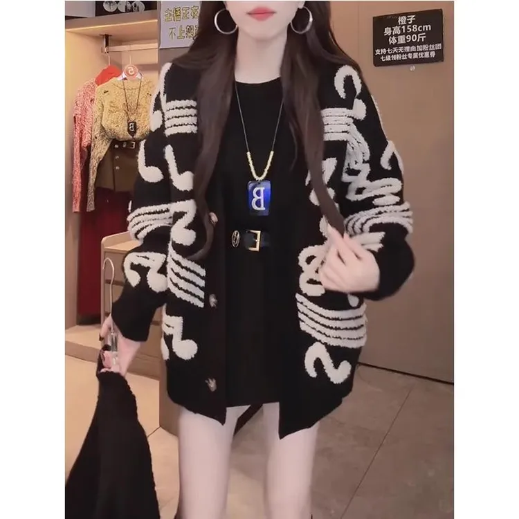 慵懒风2025中长款针织衫女秋冬季毛衣开衫外套黑色长袖上衣外套潮