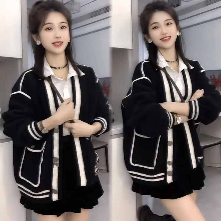 秋冬2025秋季新款小个子休闲百搭显瘦针织女款气质服装拼色毛衣女