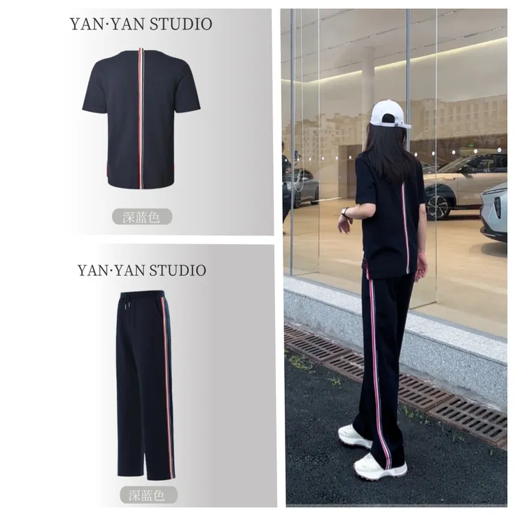 焱焱【织带系列】时尚潮牌运动休闲男士短袖直筒宽松长裤套装两件套