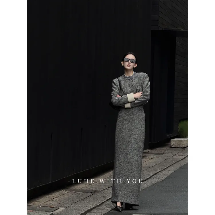 LUHE【人间香奶奶】高奢100羊毛针织衫+拼皮香风外套优雅半裙