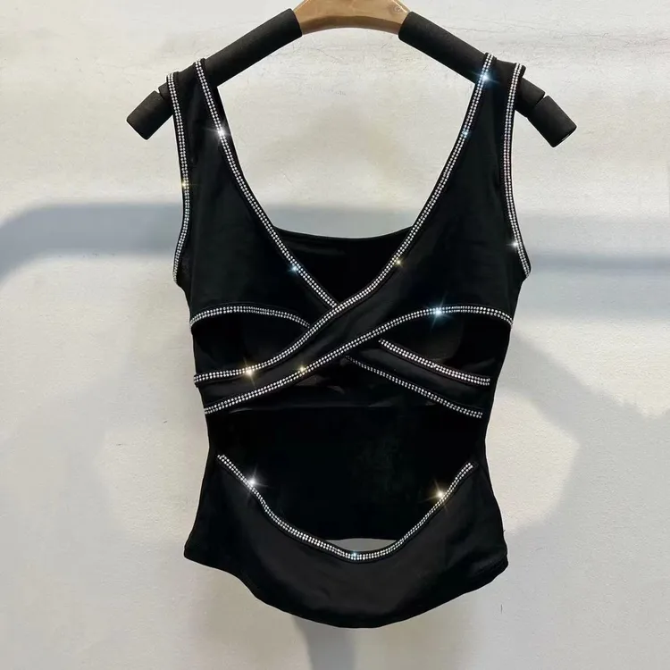 夏季新款网红性感背心外穿交叉露背内衣百搭烫钻吊带背心带胸垫