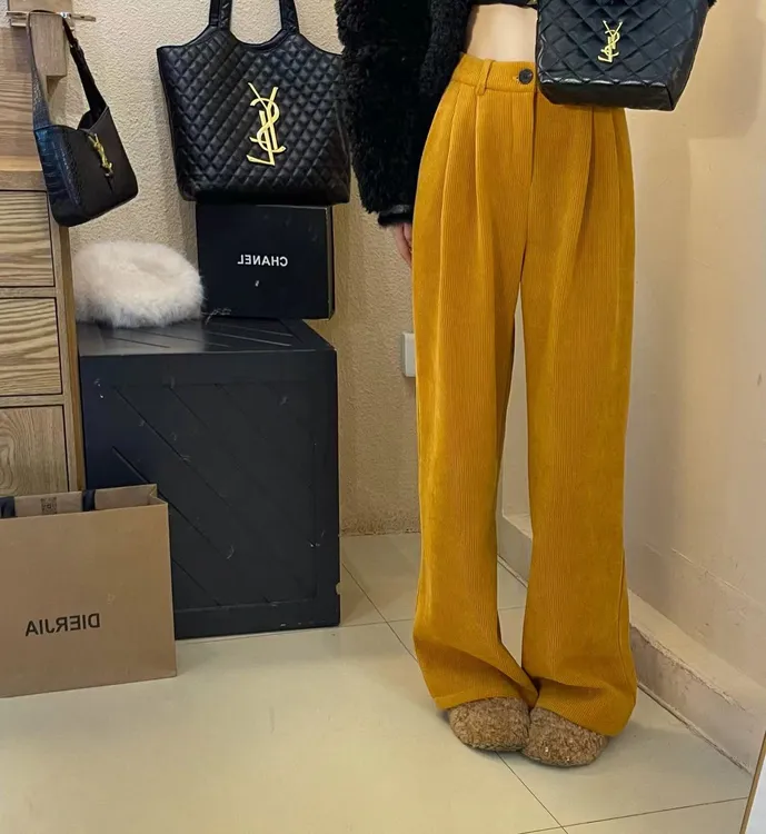 韩版洋气百搭加绒直筒裤显瘦高腰休闲宽松洋气设计感垂感直筒裤