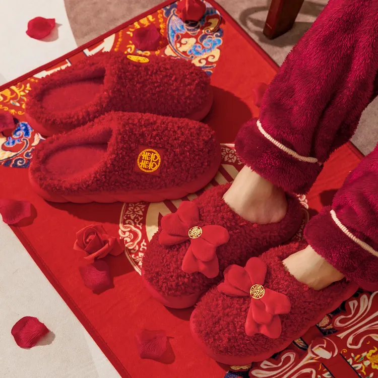 秋冬季伴娘棉拖鞋新婚情侣喜庆红色轻奢室内婚庆新娘居家陪嫁保暖