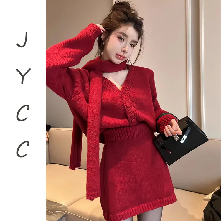 秋季气质休闲红色针织毛衣裙套装小个子纯欲慵懒风女装三件套秋冬