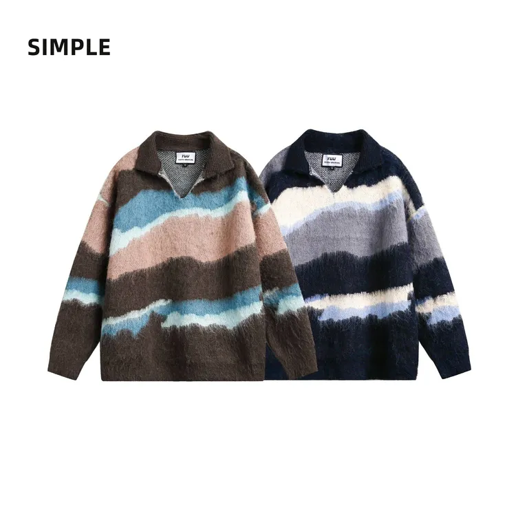 撞色慵懒风百搭打底针织衫冬季新品美式复古翻领宽松毛绒套头毛衣