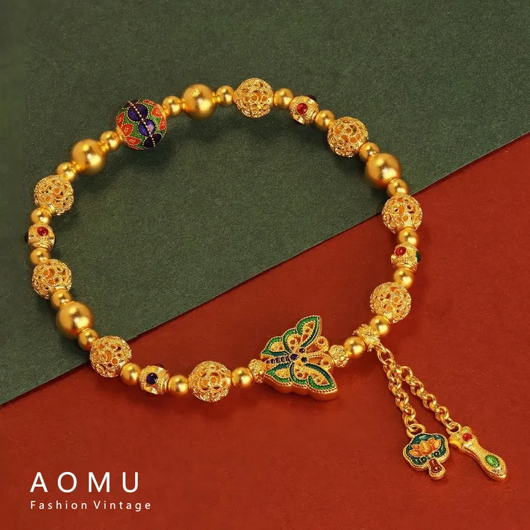 铜合金手链 AOMU古法黄金色蝴蝶手串手链新中式国风高级感手链