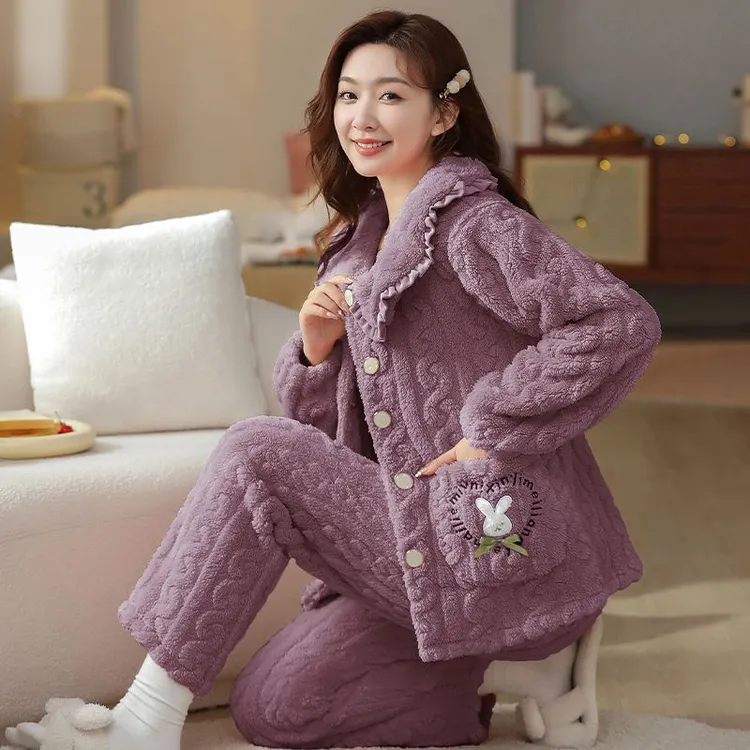 珊瑚绒睡衣女秋冬季开衫保暖宽松套装加绒加厚冬天女士新款家居服