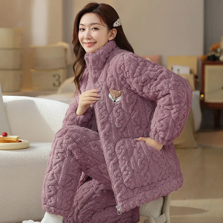 冬天超厚珊瑚绒保暖拉链睡衣女冬季加厚加绒三层夹棉袄家居服套装