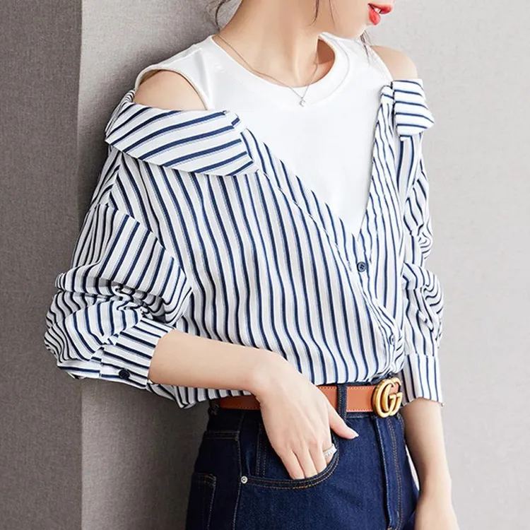 Y复古心计露肩T恤拼接条纹衬衫2024年秋季新小众设计款长袖上衣
