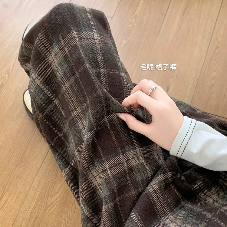 百搭爆款加绒格子毛呢秋冬阔腿裤高腰显瘦直筒慵懒风女宽松裤子