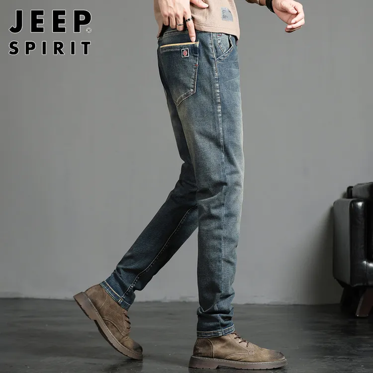 JEEPSPIRIT潮流牛仔裤男士春秋修身小脚弹力休闲复古怀旧水洗长裤