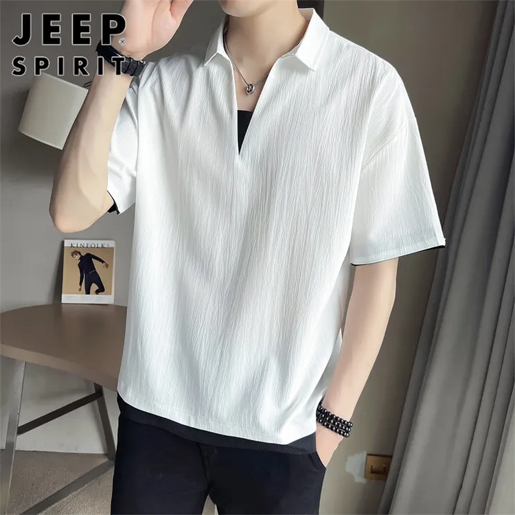 JEEPSPIRIT白色短袖男士夏季潮牌痞帅V领T恤轻熟半袖假两件上衣男