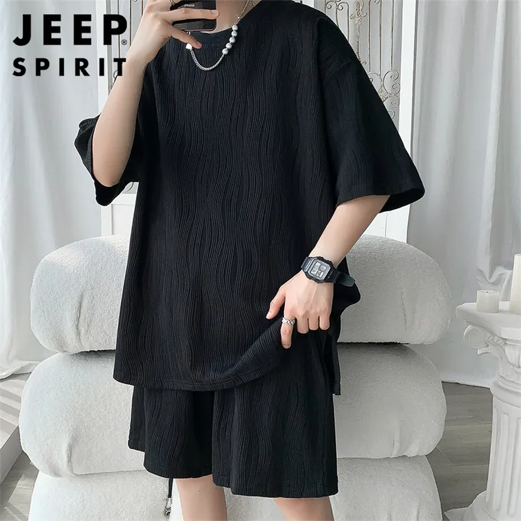 JEEPSPIRIT2025新款男士套装黑色韩版短袖T恤搭配短裤时尚一套男