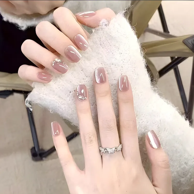 穿戴甲手作短款光疗手工穿戴甲温柔豆沙粉晶石猫眼10片
