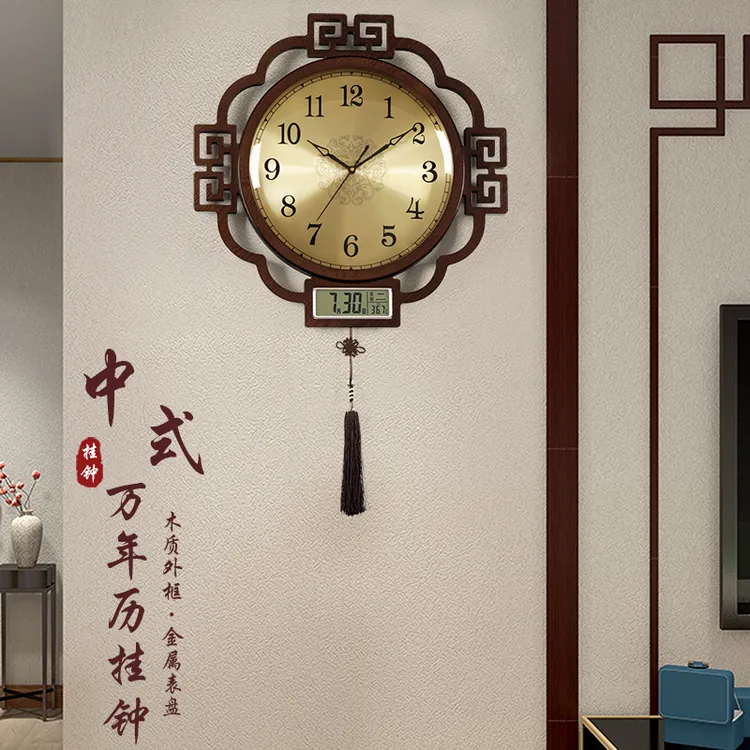 HENSE/汉时新中式网红客厅挂钟木质万年历石英机芯大钟表HW8594