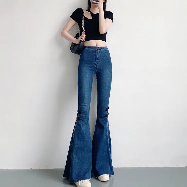 新中式国风高腰弹力大开叉牛仔裤女2024显高显瘦修身拖地喇叭裤