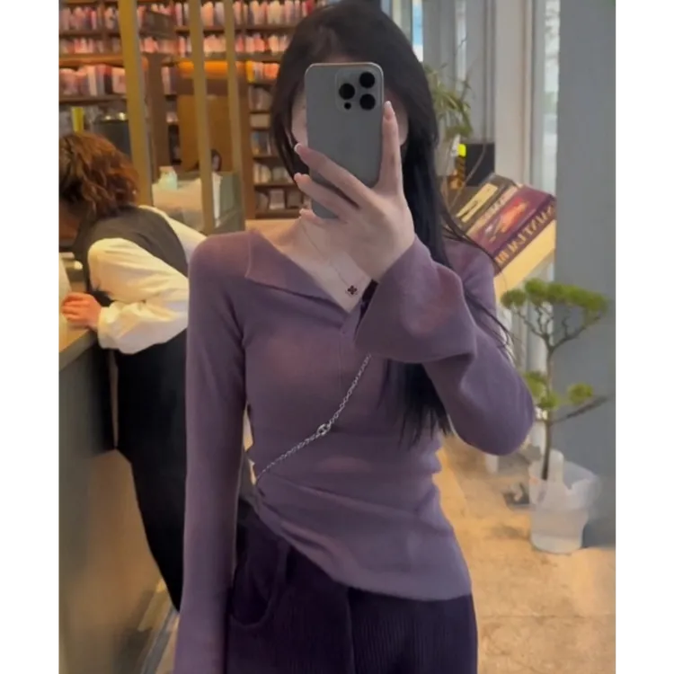 Not define纯色V领软糯t恤女百搭休闲修身显瘦长袖打底衫上衣春季