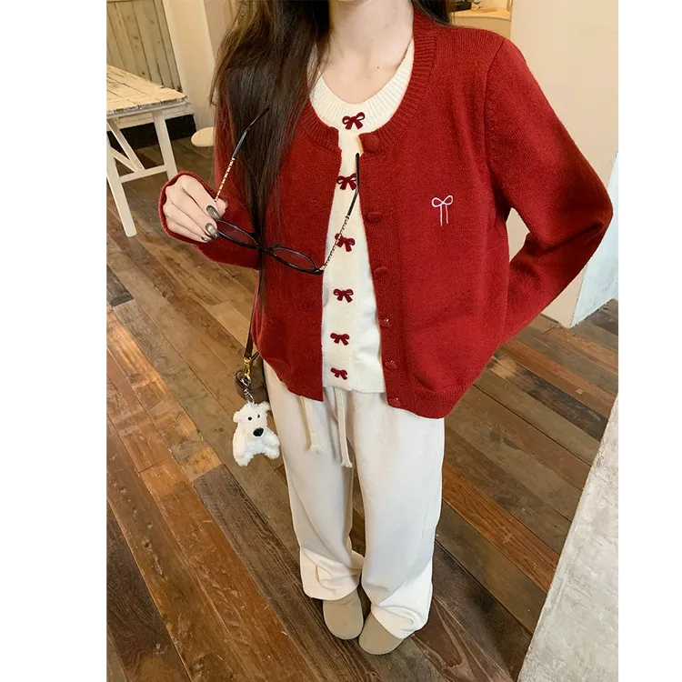 Not defined春季软糯毛衣复古红色针织衫蝴蝶结假两件百搭上衣女