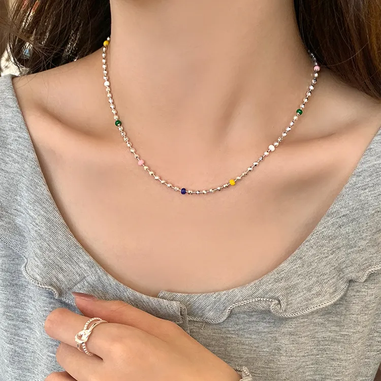 坠链均925银  S925银彩虹豆豆碎银子项链女多巴胺穿搭简约锁骨链
