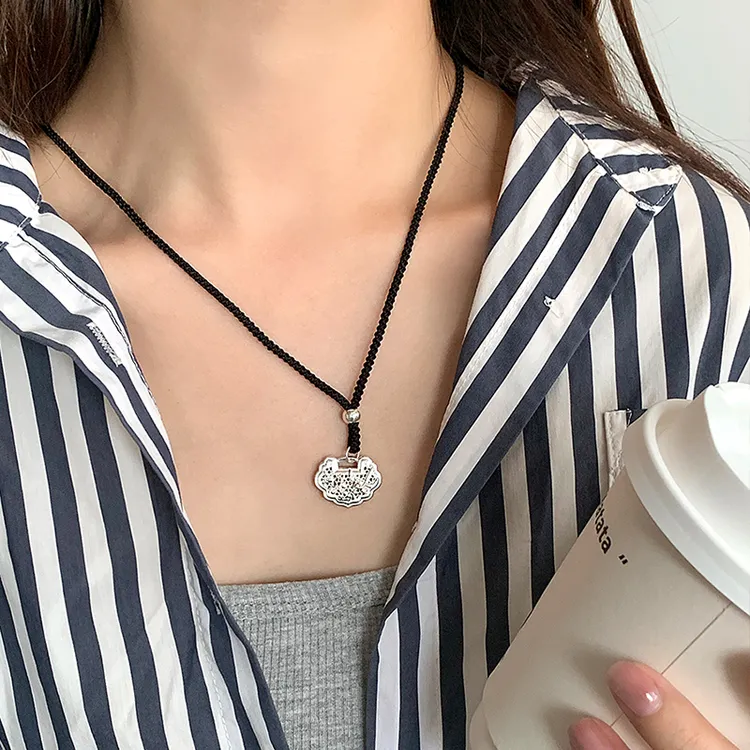 吊坠925银 新中式复古平安锁吊坠女款古法工艺编织绳可调项链挂坠