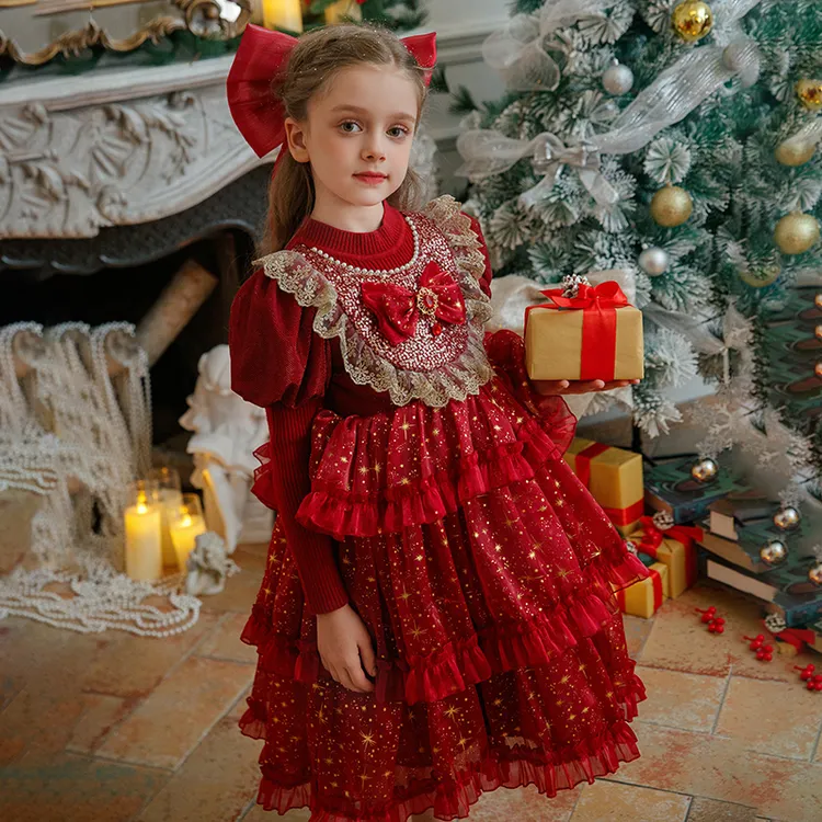 女童冬季圣诞红色洛丽塔公主毛衣裙 新款蓬蓬礼服新年装连衣裙子