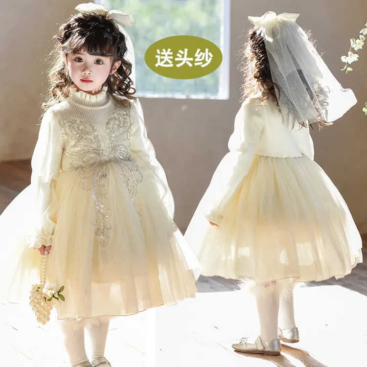 女童冬装公主裙 儿童冬款小女孩生日花童礼服蓬蓬纱毛衣连衣裙子