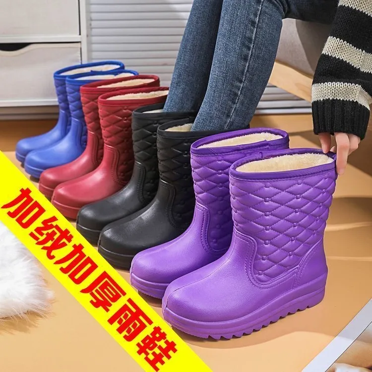 加绒雪地靴防水雨靴防滑保暖学生韩版靴EVA一体鞋厨房洗衣工作鞋