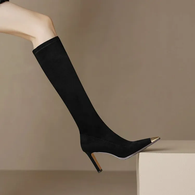 高跟中筒靴女欧美金属方头粗跟时髦靴子秋冬绒面性感弹力大码长靴