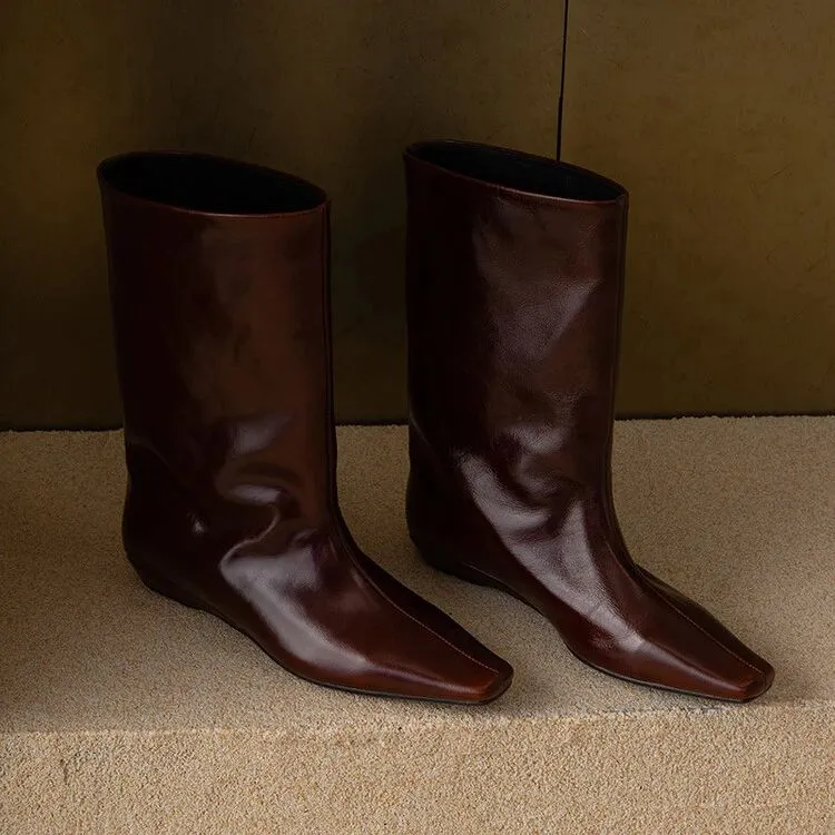 真皮复古短靴骑士长靴尖头方头筒靴时尚百搭棕色粗跟高跟中筒秋冬