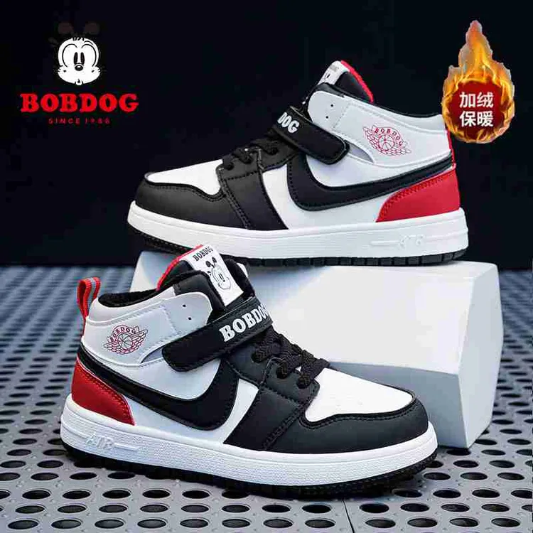 巴布豆男童鞋儿童鞋女童冬季防滑中大童加绒保暖高帮板鞋运动大棉