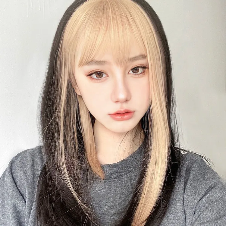 假发长发网红黑黄双拼空气刘海双色lolita中长直发假发女款全头套