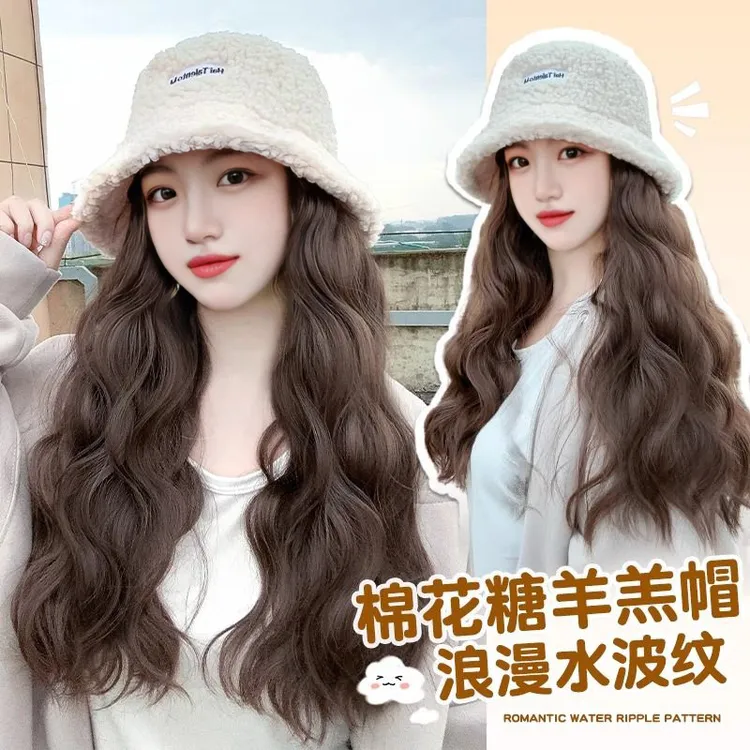 帽子假发一体时尚秋冬羊羔毛渔夫帽水波纹卷发显脸小韩版百搭发帽