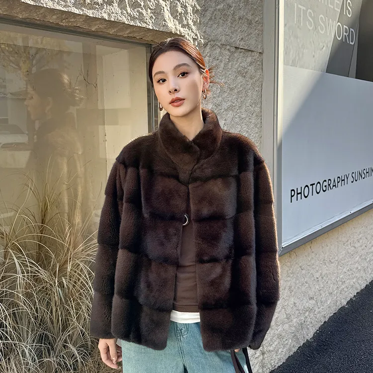 全挖2025新款貂皮大衣女整貂进口紫标天鹅绒水貂横排立领皮草外套