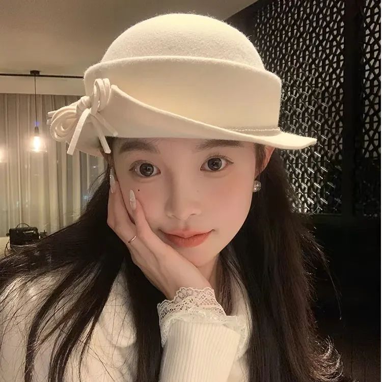 赫本风绵羊毛蝴蝶结卷边法式礼帽女秋冬高级感方圆脸显脸小千金帽