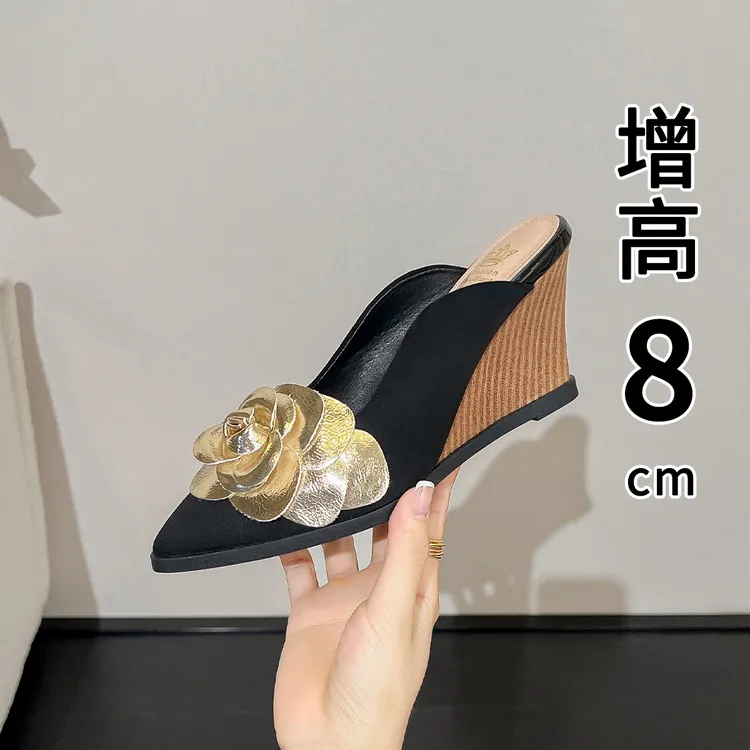 半拖鞋女2025秋季新款山茶花包头穆勒鞋高跟网红懒人时尚尖头凉拖