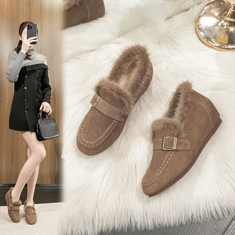 内增高毛毛鞋女冬外穿2025秋冬新款单鞋水貂毛圆头磨砂加绒豆豆鞋