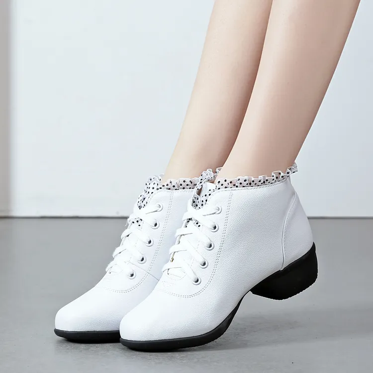 特丝丽她新款秋冬广场舞鞋中跟舞蹈鞋透气白色跳舞鞋中老年妈妈鞋