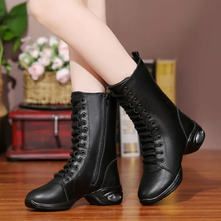 特丝丽她广场舞鞋秋冬款跳舞鞋加绒水兵舞靴子中跟高帮舞蹈靴-4