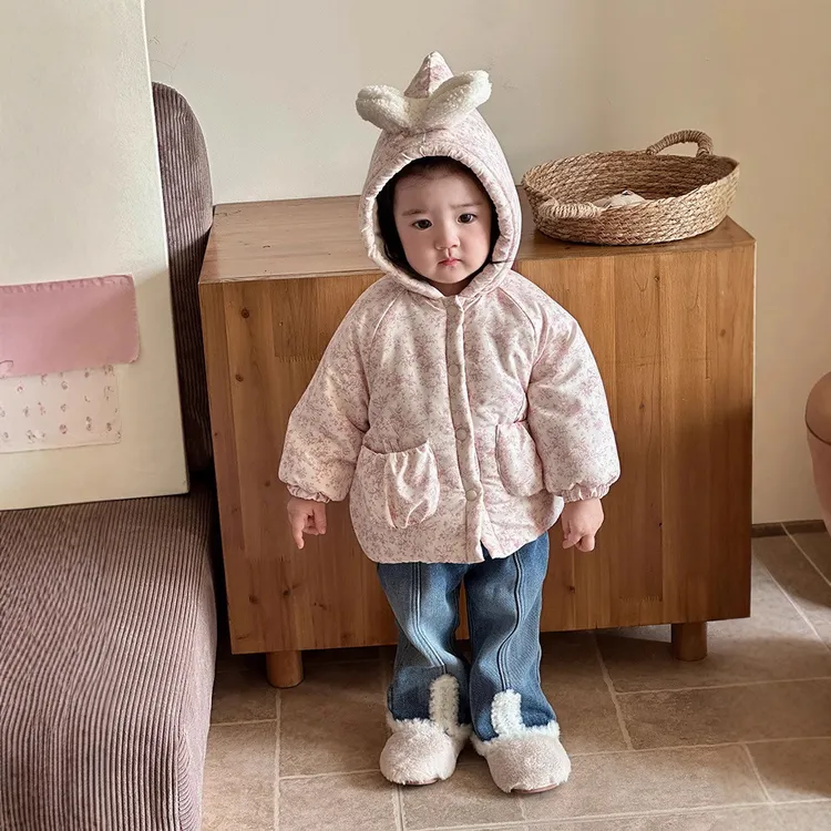 女小童冬款加厚保暖棉服可爱超萌蝴蝶结碎花洋气外套婴幼幼儿棉衣